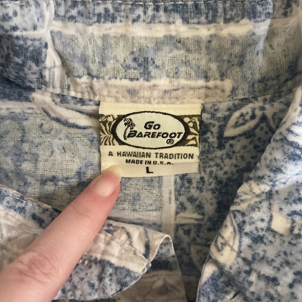 Go Barefoot Shirt Mens Large Blue Hawaiian Print Short Sleeve Button Front USA - Picture 9 of 11